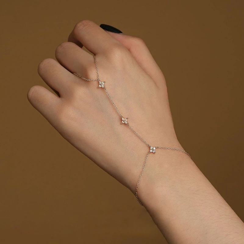 Lnkry 2.5mm Certified Moissanite Ring Bracelet 14k Gold Filled Four Leaf Flower Bracelet With Ring Hand Chain Stackable Jewelry view 3