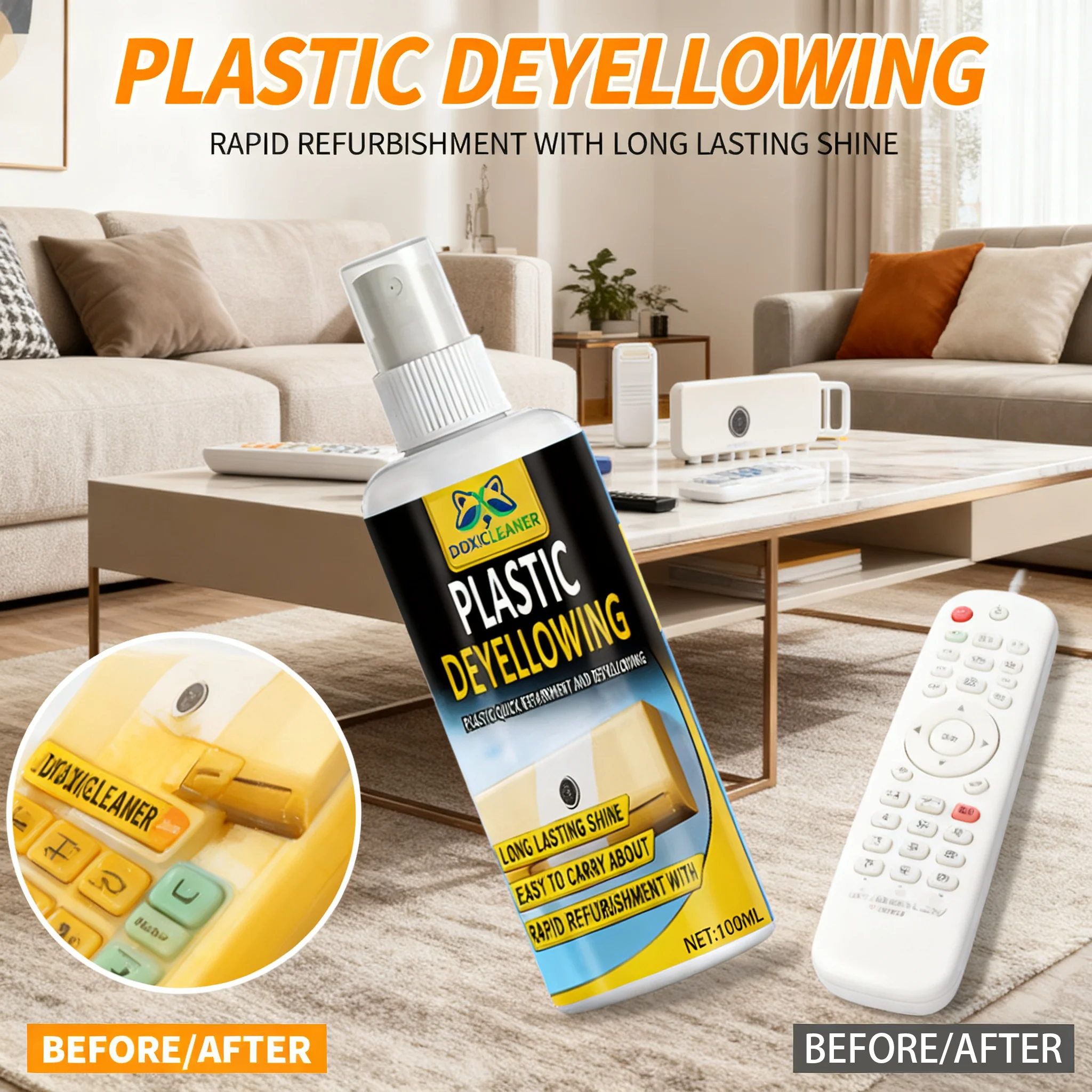 Plastic Restoration Spray - Quickly Remove Yellowing, Repair Air Conditioning Unit, Car Headlights, Panels - Protect Plastic Sur