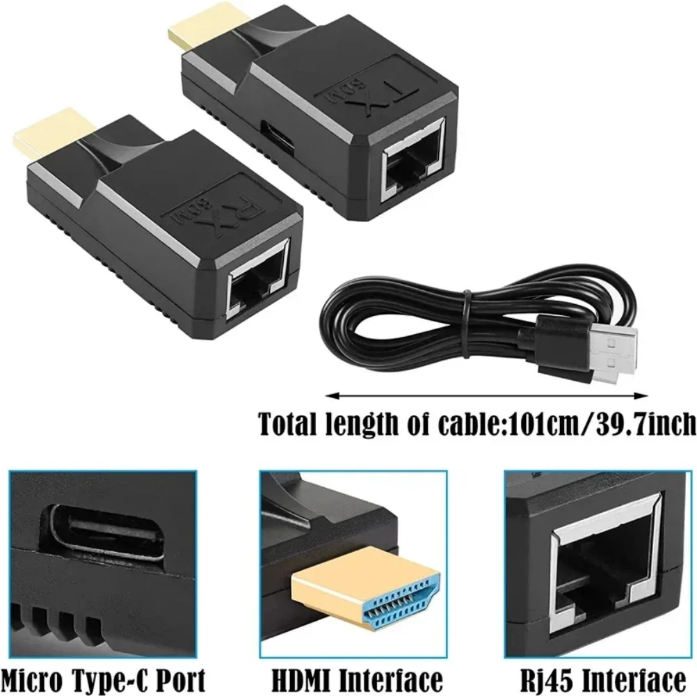 60M HDMI Extender over Single Rj45 Cat6 Cable 1080P HDMI Ethernet Extender Video Transmitter Adapter for PC Loptop HDTV Monitor