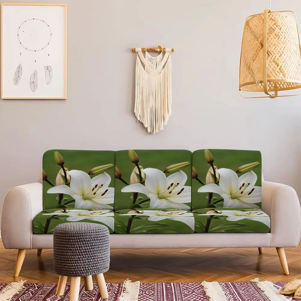 Summer Outdoor Sofa Cover with White Lily Print, Milk Silk Fabric, Pet - Friendly, Washable Without Deformat