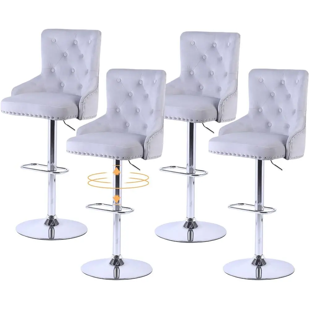 

Комплект из 4 барных стульев, серые бархатные регулируемые вращающиеся барные стулья с гидравлической регулировкой высоты и изогнутой спинкой, для кухонного острова или барной стойки.