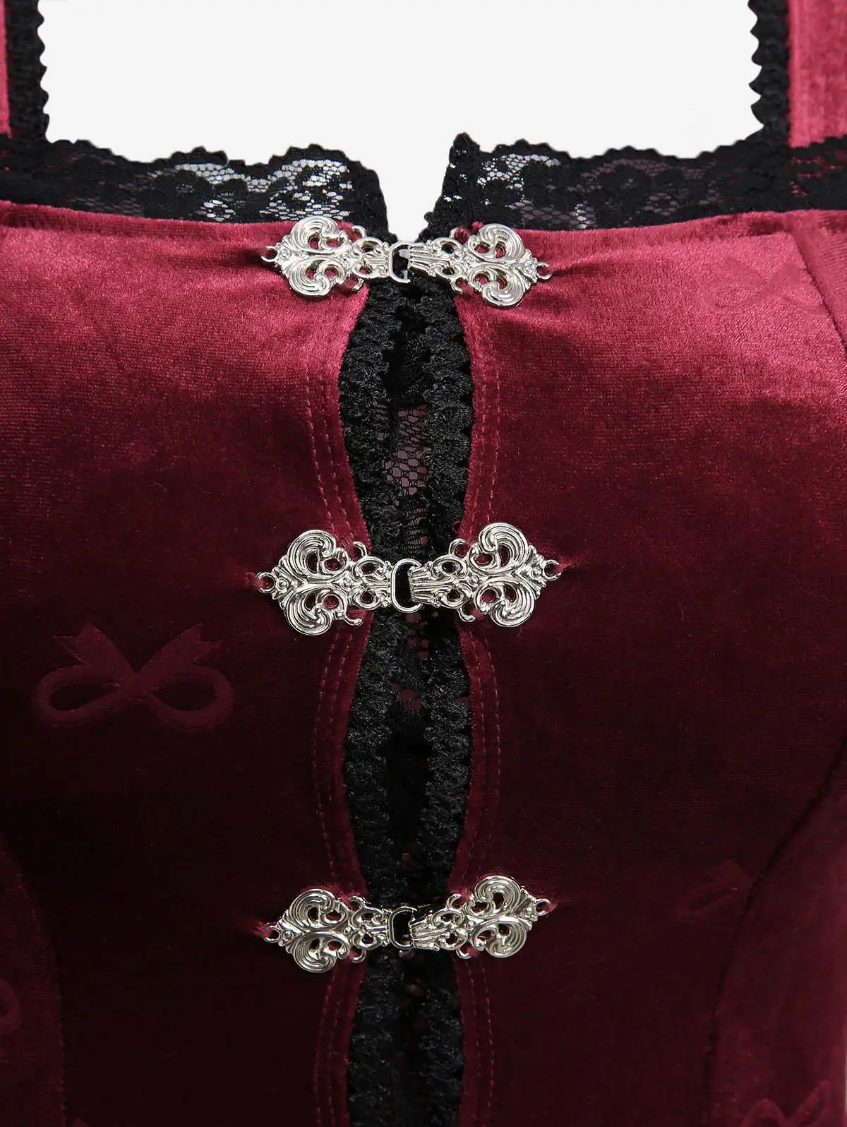 เดรสสั้นทรงเอไลน์สไตล์โกธิคสำหรับผู้หญิง สีแดงเข้ม ผ้ากำมะหยี่ลายนูน แต่งโบว์ แต่งขอบด้วยลูกไม้ และกระดุมแบบติดตะขอ