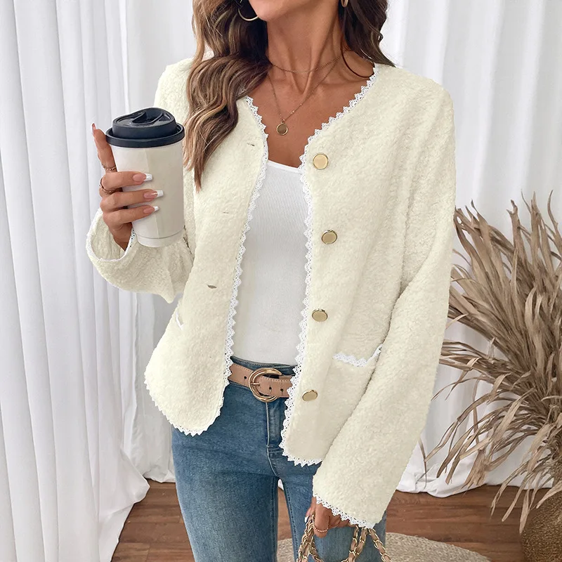 Chic Jackets Outwear Loose Elegants Autumn and Winter Elegant Sweet Wind Warm Lace Splicing White Lamb Wool Coat Women