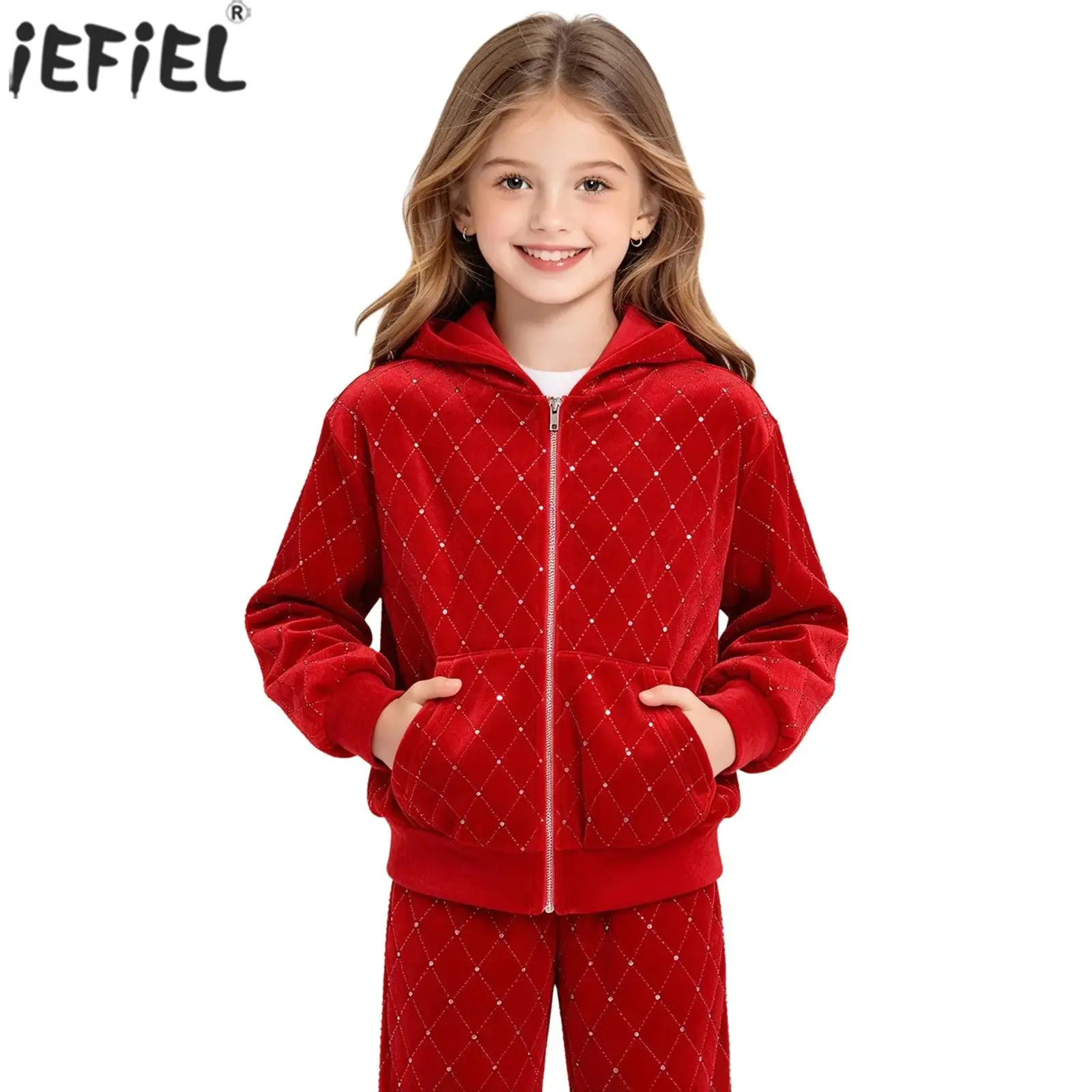 Kids Girls Velvet Hooded Jacket Metallic Rhombus Long Sleeve Zipper Front Hoodie Outerwear with Pockets for Christmas Birthday