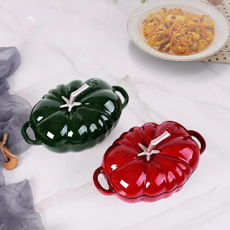 European Style Cast Iron Tomato Shaped Pot Mini Stew Casserole for Kids Compatible with Oven Induction Cooker Kitchen Cookware