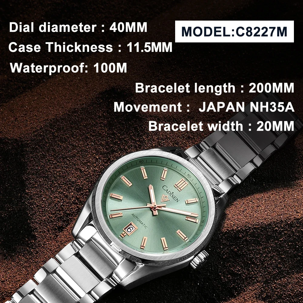 CADISEN 40mm Men Automatic Mechanical Watch Japan NH35 Movt Sapphire Stainless Steel AR Coating 10Bar Clock Green Watch For Men