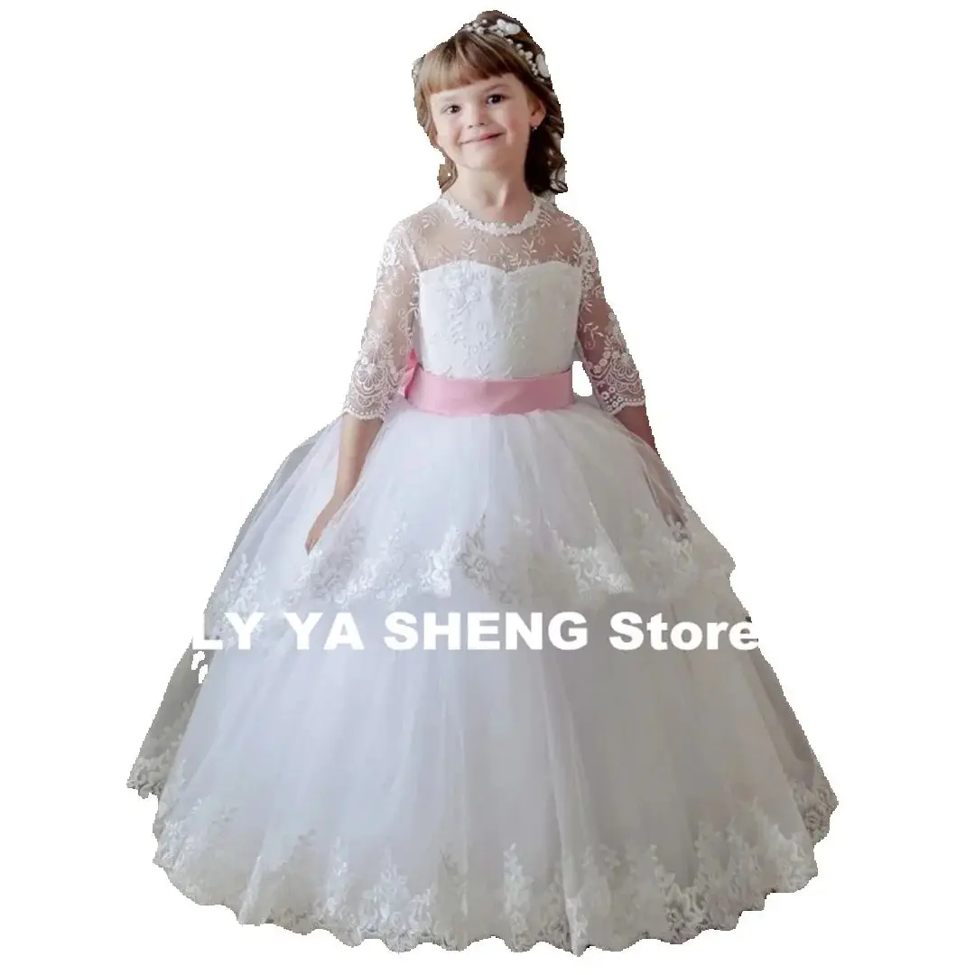 White Flower Girl Dresses Tulle Lace Appliques With Pink Bow Half Sleeve For Wedding Birthday Party First Communion Gowns