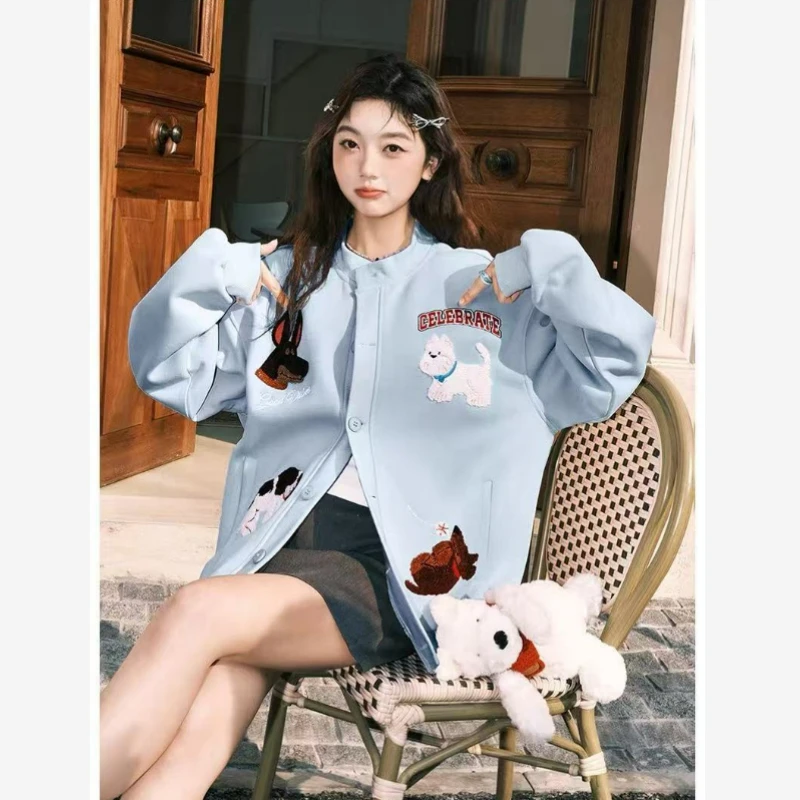 

Модный брендовый кардиган-худи с вышивкой в виде собачки для женщин, весна 2026, новая модная нишевая модель, свободная повседневная бейсбольная куртка