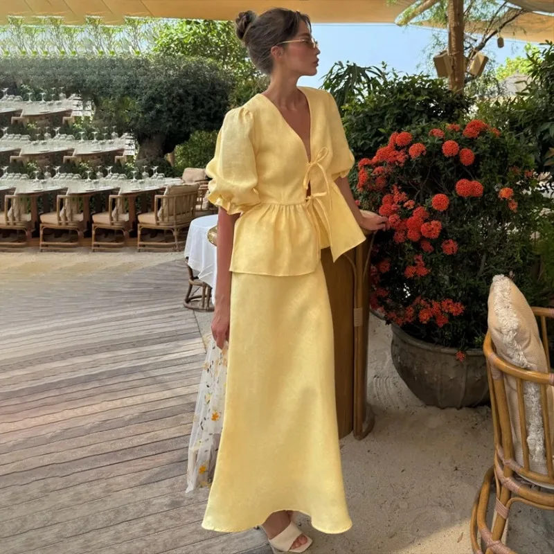 

Linad Летняя длинная юбка трапециевидной формы с v-образным вырезом и пышными рукавами, комплекты из 2 предметов, женский наряд, модный свободный комплект цвета хаки со складками, тканый костюм из чистого хлопка