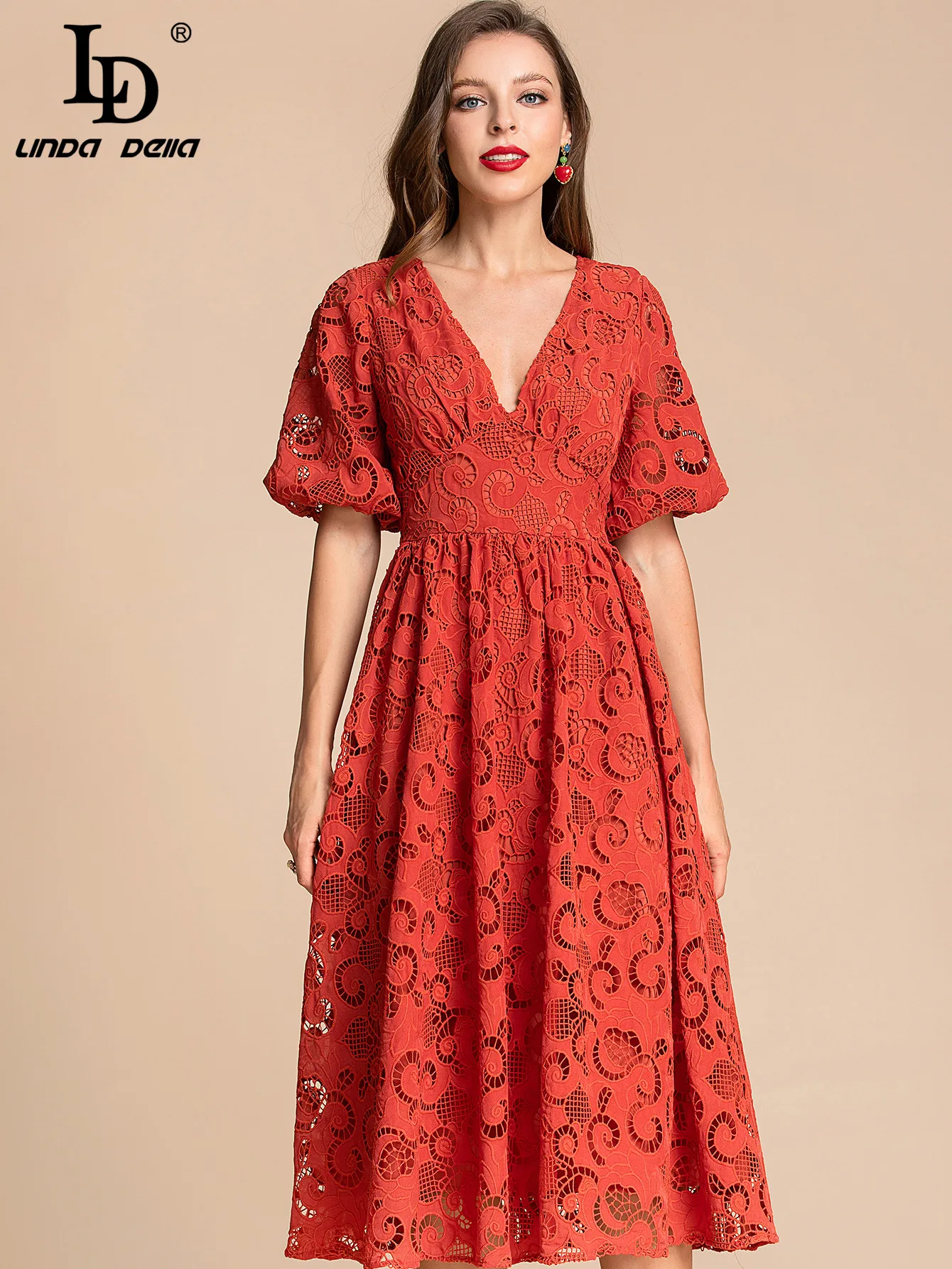 LD LINDA DELLA 2022 Summer Vacation Party Dress Women's Sexy V-neck Hollow-out Embroidery Fashion Vintage Red Midi Dress