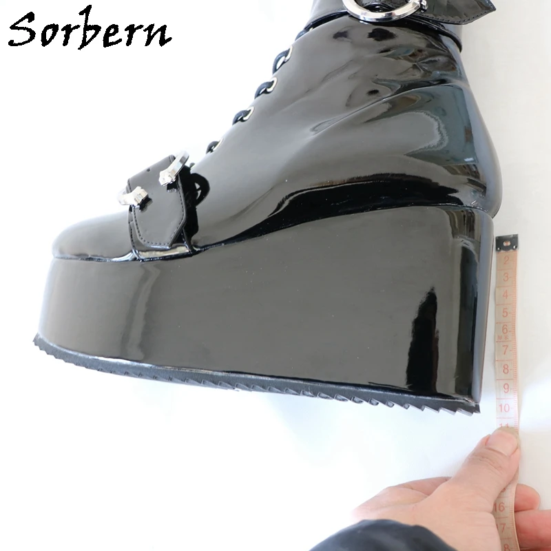 Sorbern Black Shiny Mid Thigh High Boots For Women Flatform High Heels Thick Platform Multi Straps Custom Wide Or Slim Fit Legs