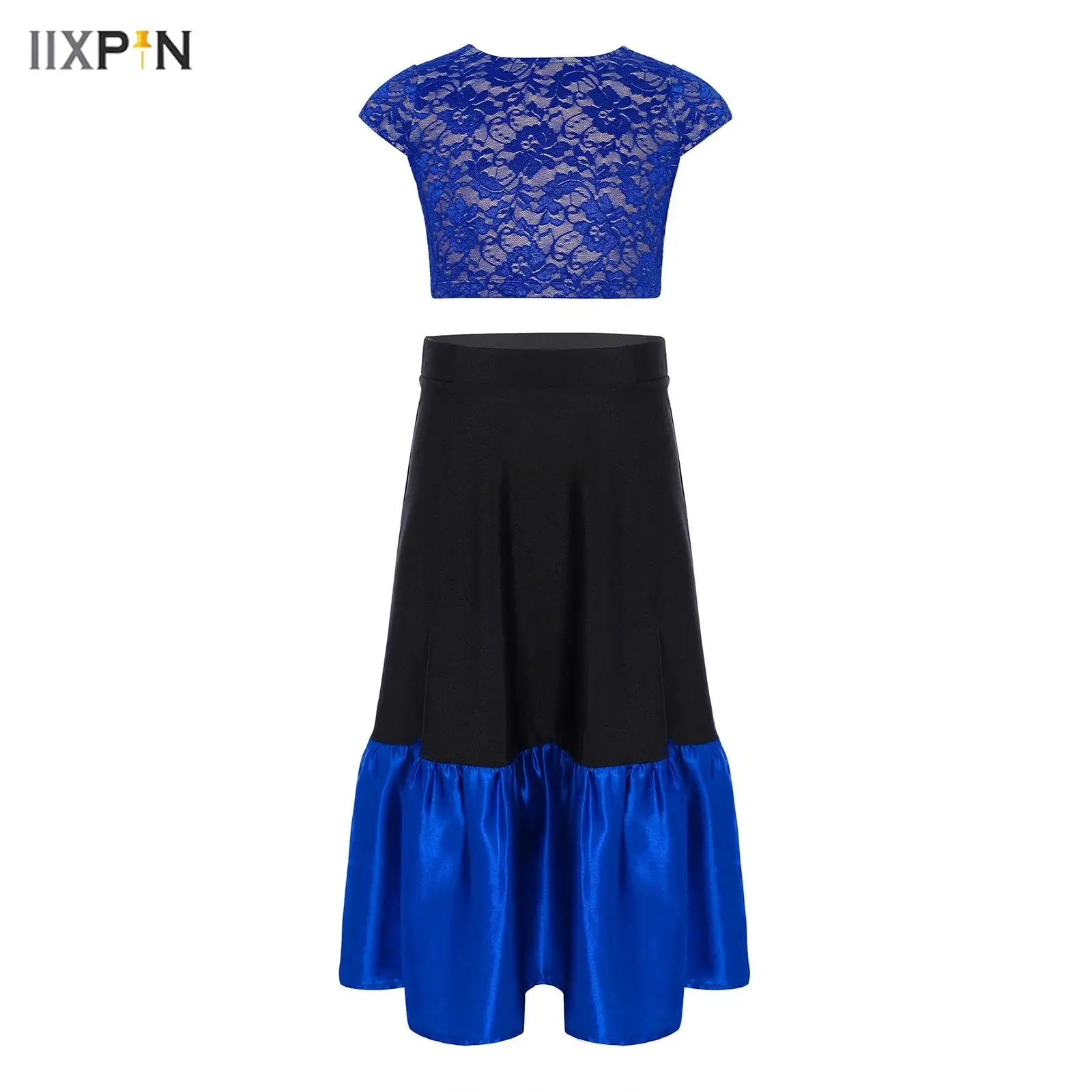 

Kids Girls Flamenco Dance Dress Spanish Costumes Set Round Neck Cap Sleeves V-Back Floral Lace Crop Top Shirts+Color Block Skirt