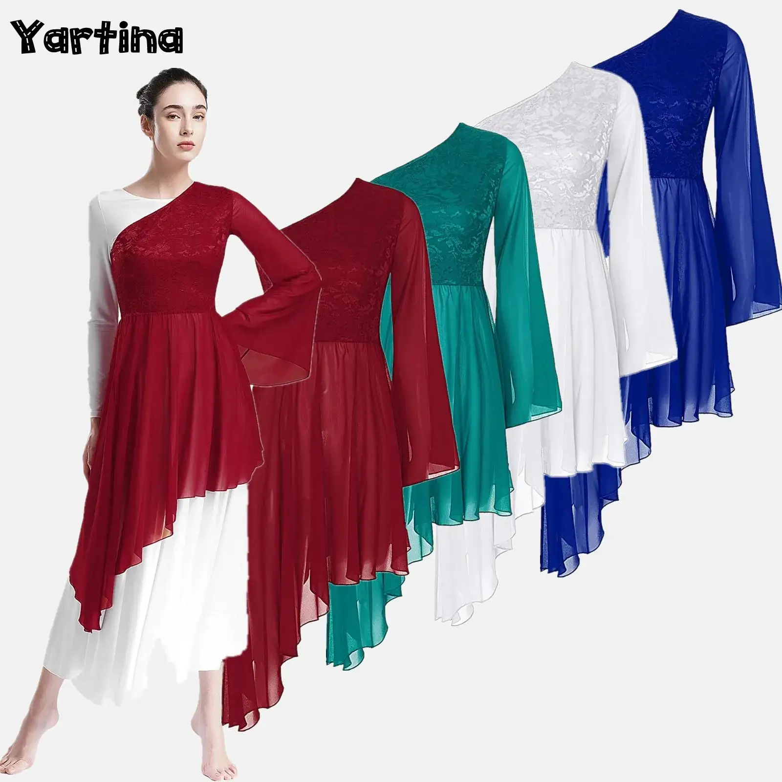 女性用典礼賛美バレエダンスチュニックオーバーレイドレス花柄レース叙情的ダンスオーバーレイ教会礼拝ダンスコスチューム