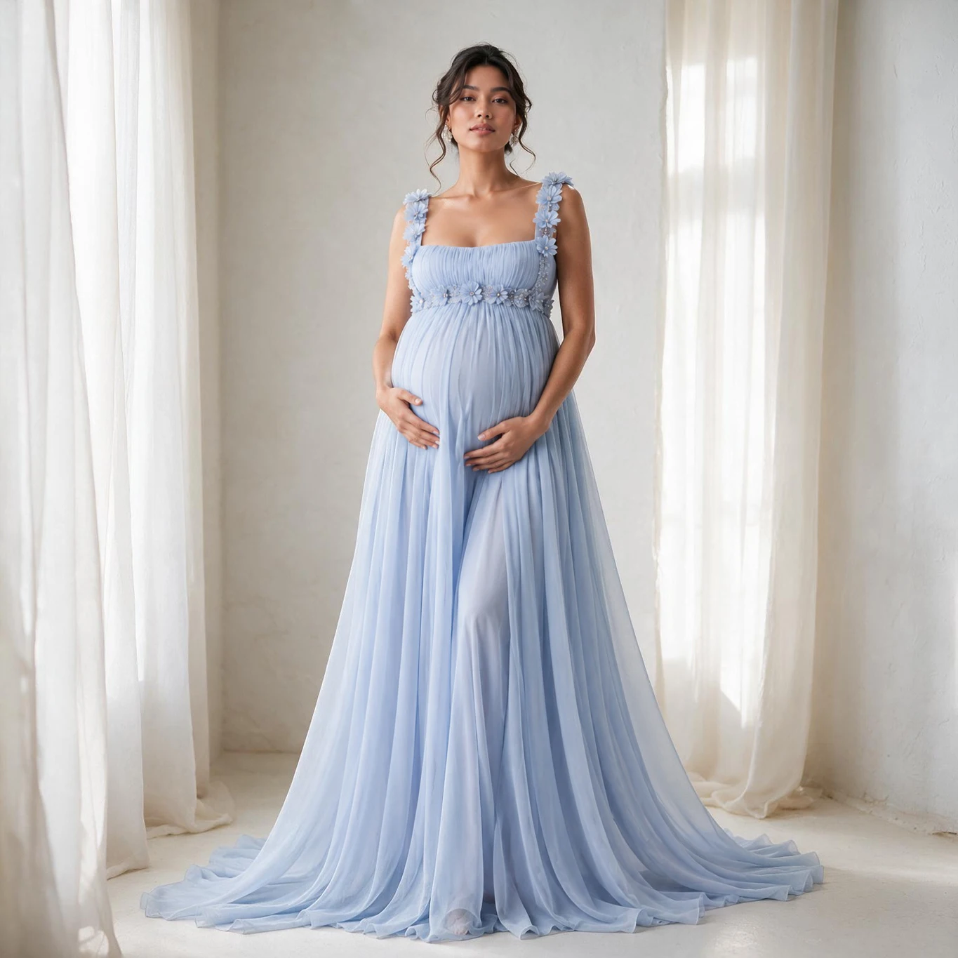 Light Blue Square Neck 3D Floral Maternity Baby Shower Dress L-26926