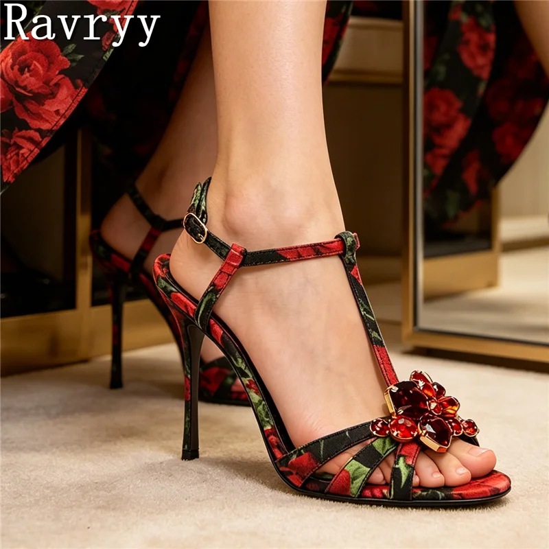 New Rhinestone T-Shaped Open Toed High-Heeled Sandals Women Summer Fashion Satin Stiletto Ankle Buckle Banquet Wedding Shoes