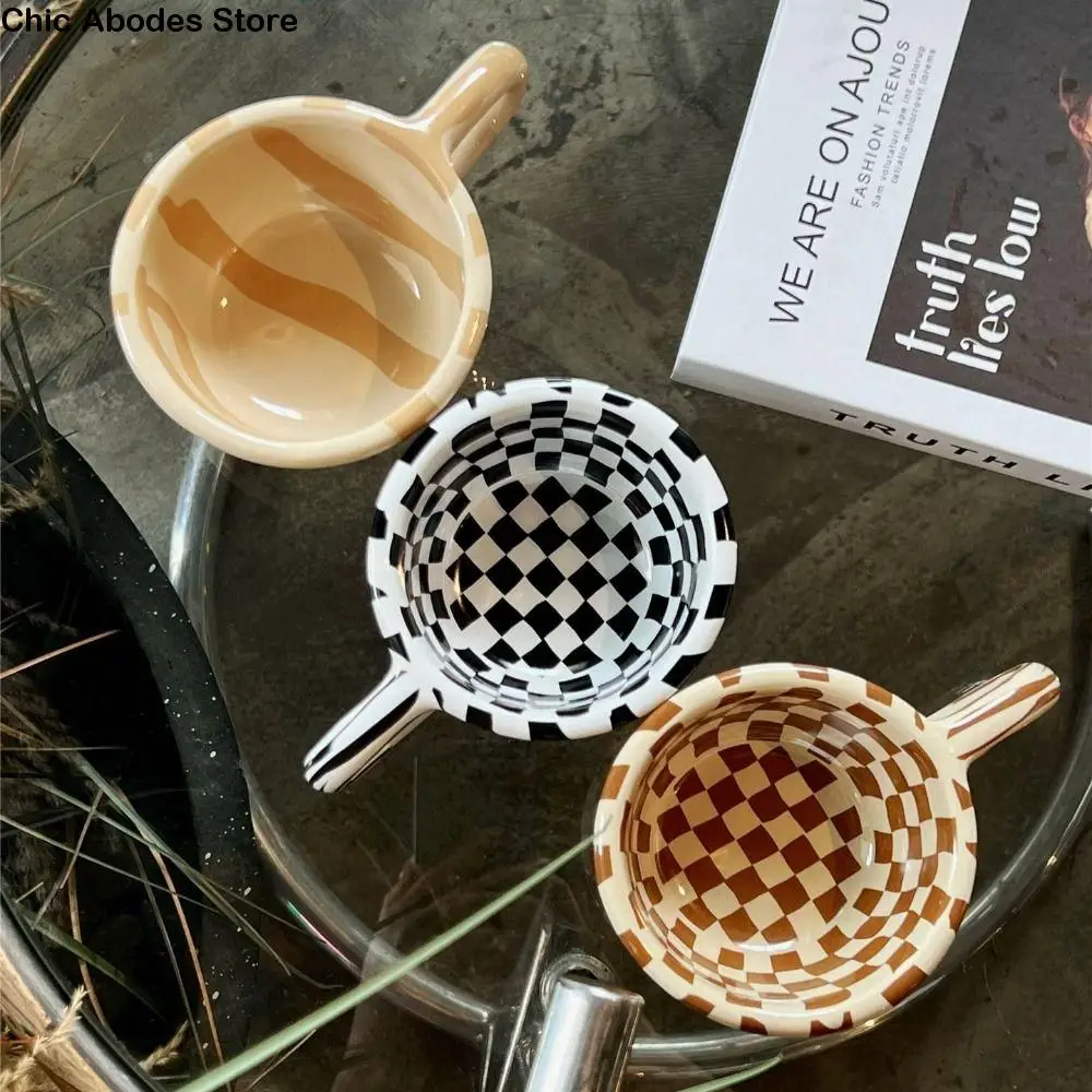 Retro INS Ceramic Coffee Cup Hand Pinched U-shaped handle Water Cups Plaid Comfortable Grip Irregular Chessboard Mugs Coffee