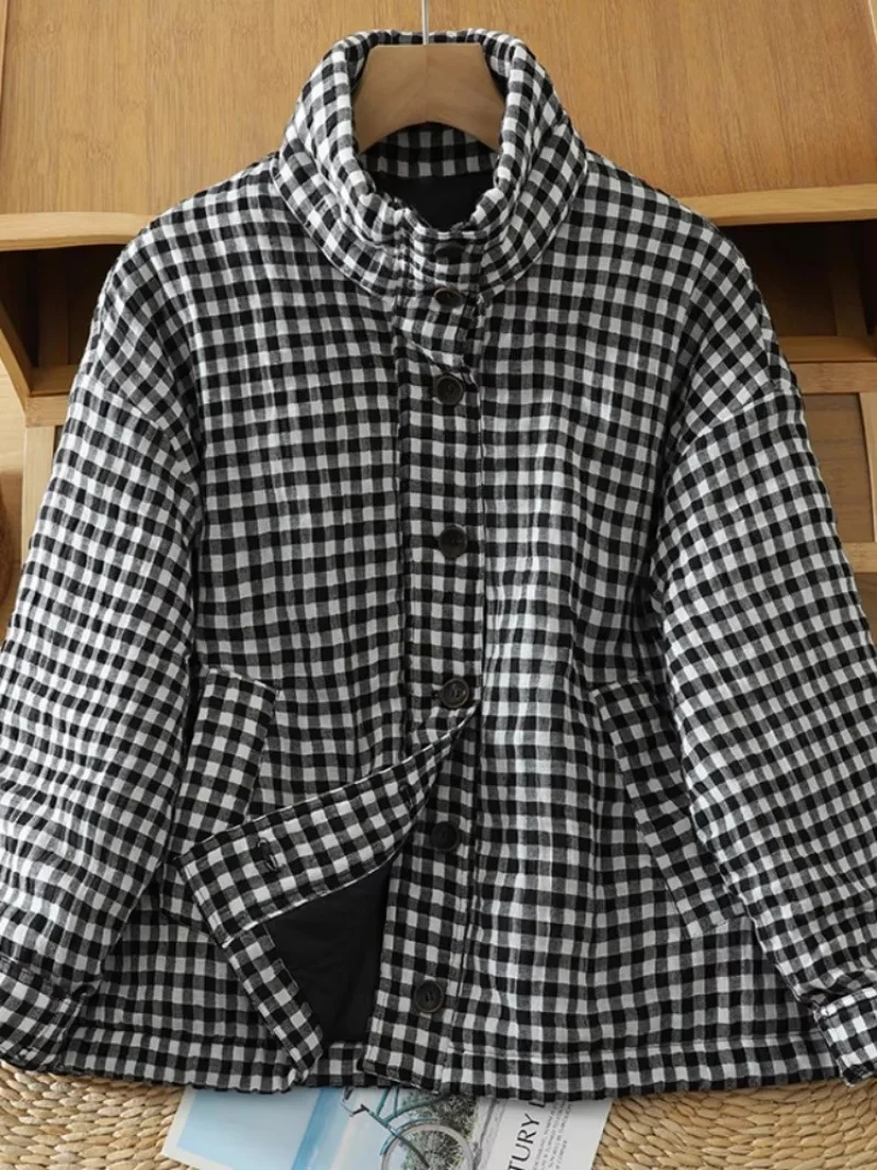 

Легкая и теплая классическая клетчатая хлопковая куртка в стиле ретро для женщин, зимний короткий теплый кардиган, пальто с воротником-стойкой w1544