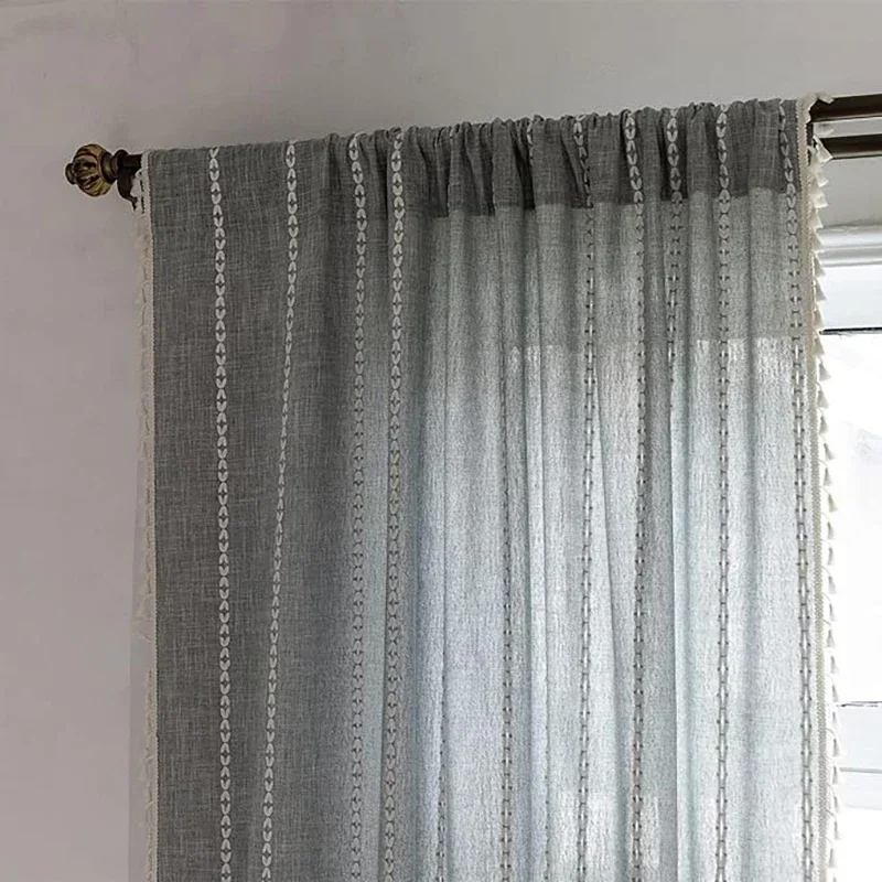 Bohemian Style Khaki Geometric Tassel Curtains Semi Blackout Curtains for Living Room Bedroom Kitchen Home Decoration Curtains
