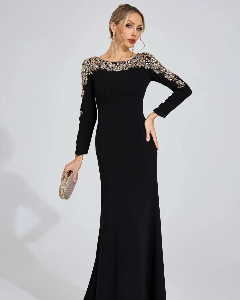 

Customized Elegant Classic Jersey Rhinestone Sequined A-line Prom Dresses Modern Style Scoop Neck Long Sleeves Evening Dresses