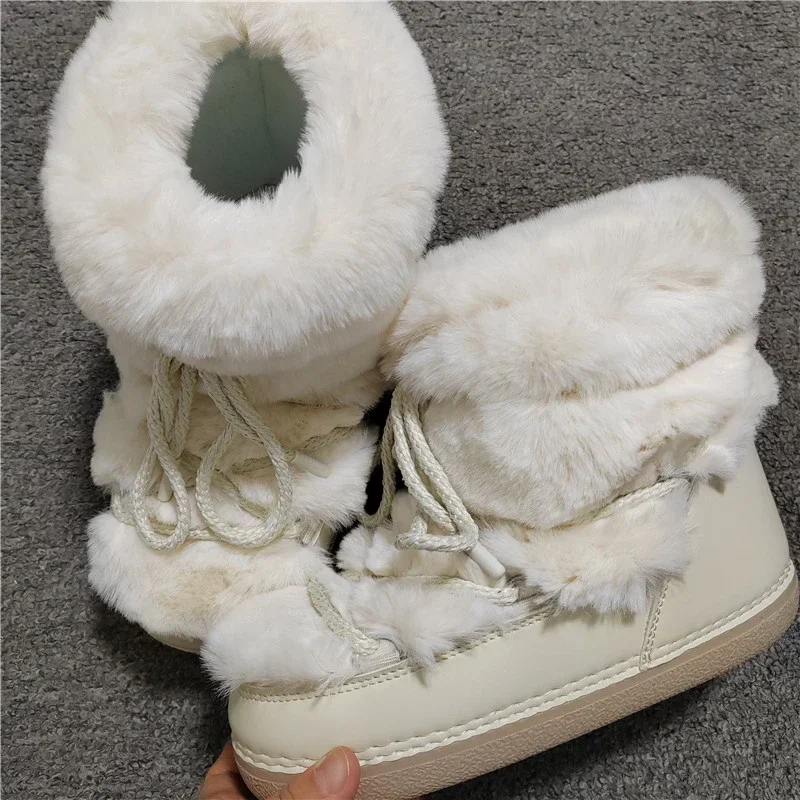 2024 Winter Boots Women Short Ankle Snow Boots Faux Rabbit Fur Boots Woman Casual Lace-up Platform Waterproof Cotton Ski Boots M