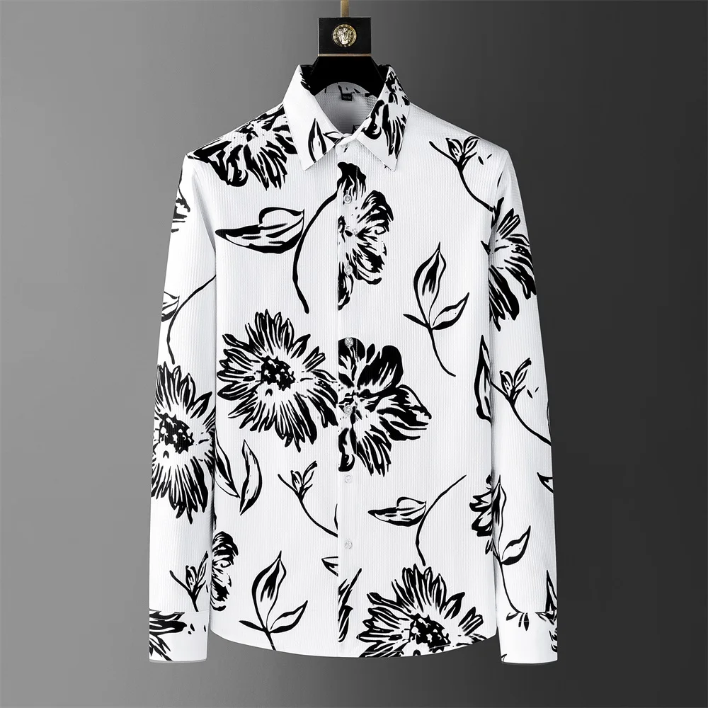 

Korean Floral Shirt for Men Long Sleeve Loose Casual Shirts Fashion Waffle Comfortable Business Office Social Men Clothing 2024