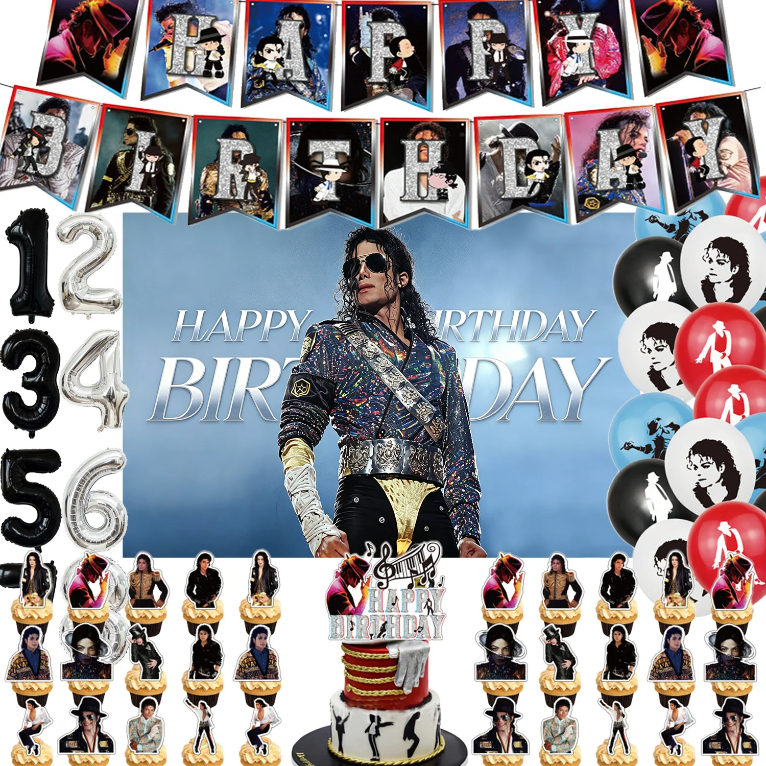 Star Michael Jacksons Geburtstagsparty-Dekorationsset: Hintergrund, Tortenaufsatz, Luftballons, Fotografie-Requisiten und Poster