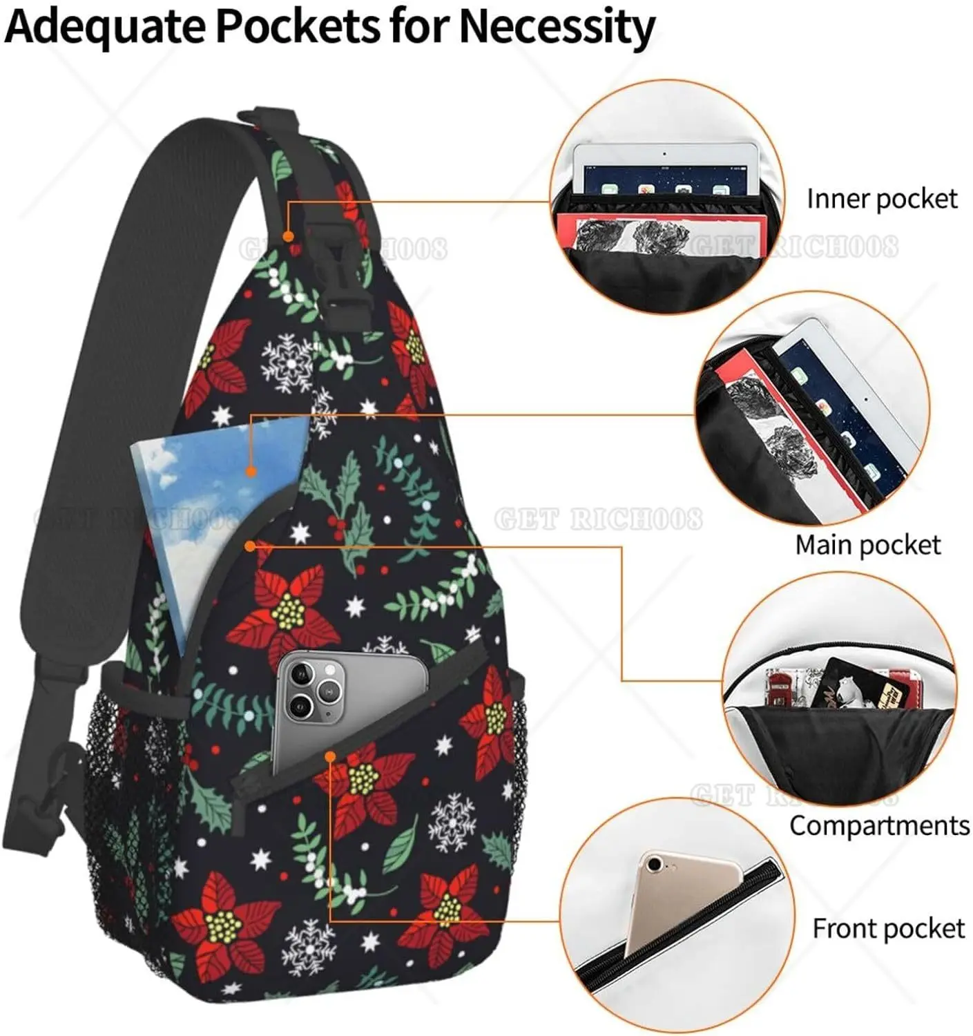 Cute Christmas Floral Sling Bag Xmas Holiday Sling Backpack Crossbody Chest Bag Daypack for Hiking Travel Casual Unisex