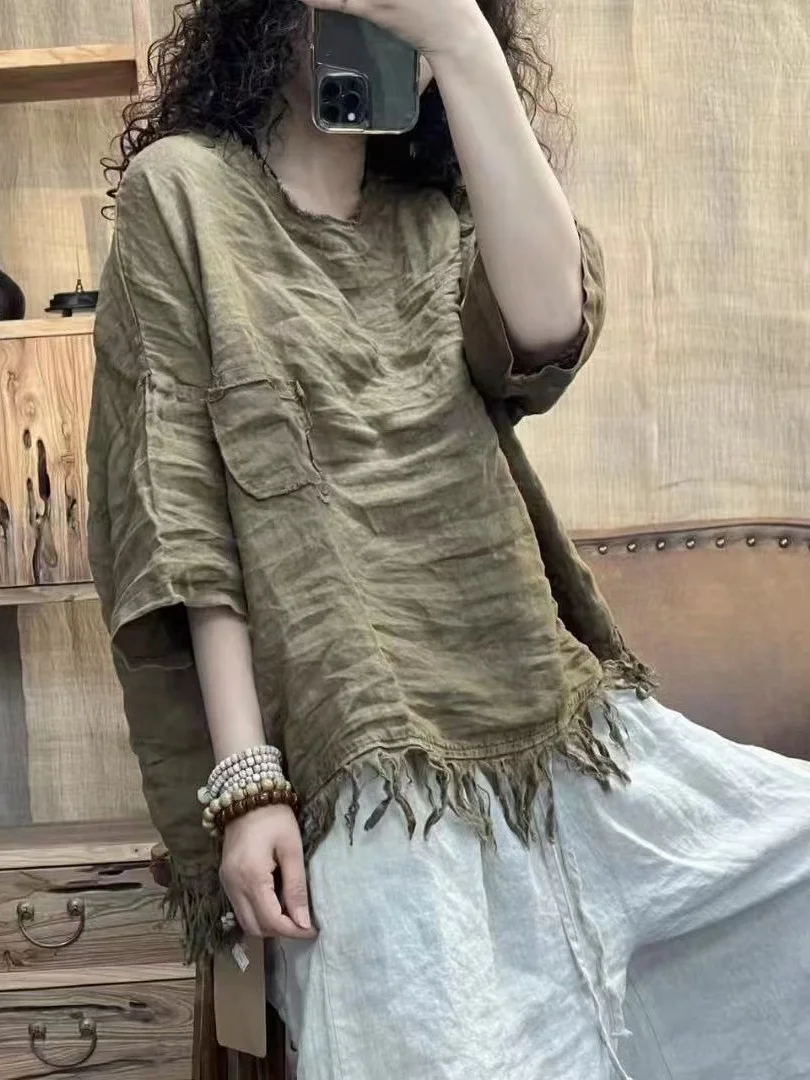 

Casual Cotton Linen Short Sleeve round Neck Shirt Vintage Summer New Style Loose plus Size Women's Shirt Breathable Comfortable