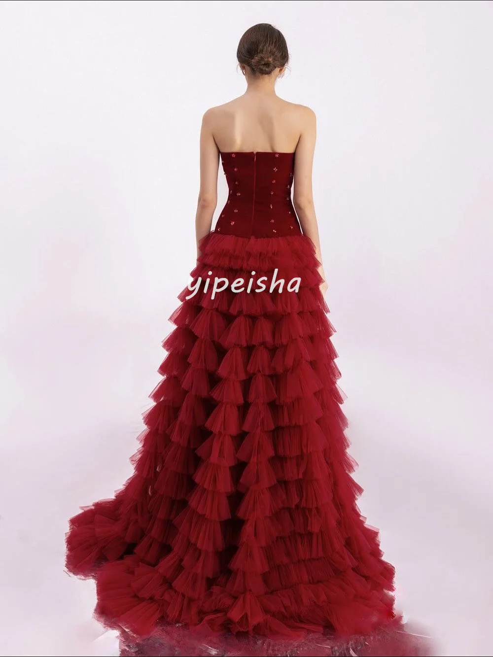 맞춤 제작된 정교한 튤 플리츠 티어드 라인스톤 A라인 스트랩리스 롱 드레스 맞춤형 행사 드레스 다양한 사이즈 캐주얼