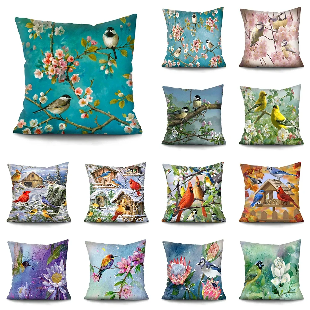 

Bedroom Living Room Cushion Cover Oil Painting Bird Cushion Cover Chinese Style Car Sofa Home Decor Pillowcase