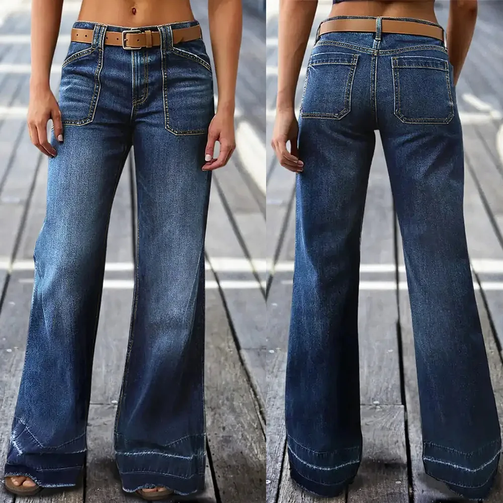 

2026 New Retro Washed High Waist Wide Leg Women Jeans Dark Blue Distressed Loose Casual Fashion Desin