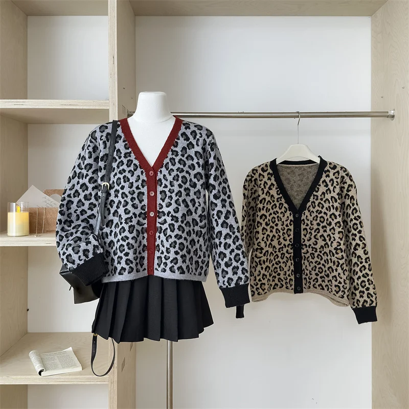 Leopard Button Knit Cardigan Women's Autumn Winter Korean Fashion V-Neck Long Sleeve Single Breasted Sweater Jacket Tops