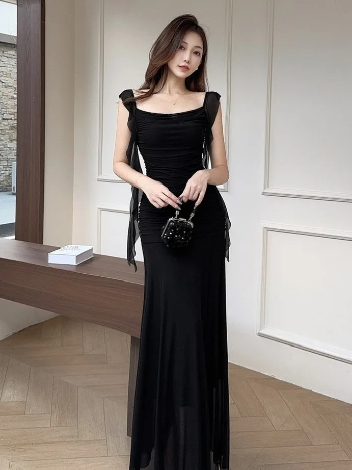 Sexy Low Cut Lace Trim Splice Strap Dress Hot Girl Pure Desire Slimming Bodycon Long Skirt High Waist A-Line Skirt H-Shape