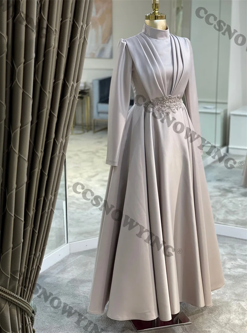 

Satin Appliques Muslim Evening Dresses Long Sleeve A Line Hijab Islamic Formal Party Gown Arabic Kaftan Women Robes De Soirée