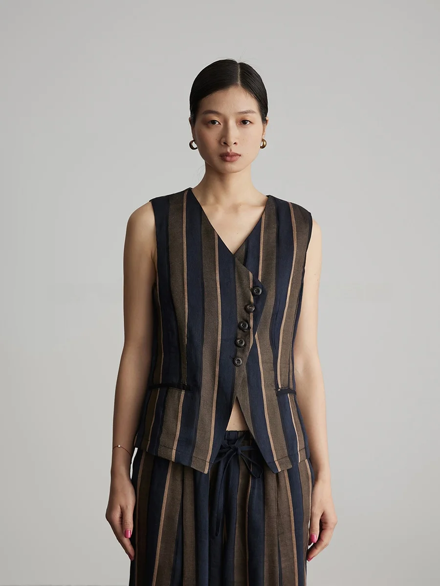 

Ordinary times Women's ex Striped Linen Blend Vest Irregular V-ne Svel Top Commute Sle Button Detail Weak Warmth