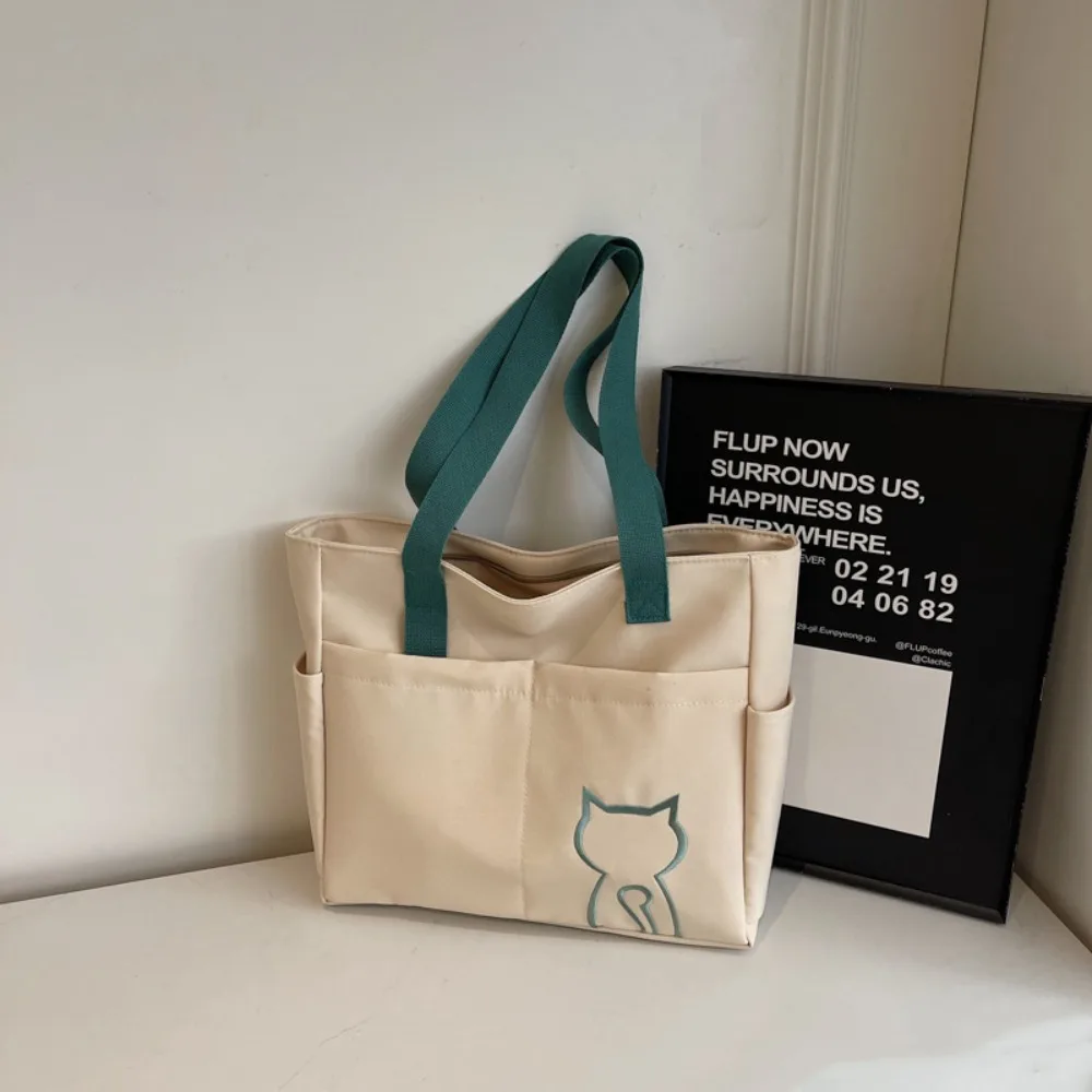 

Casual Nylon Tote Bag Multi-Pocket Embroidery Cat Lightweight Eco Bag Handbag Korean Style Nylon Shoulder Bag Travel