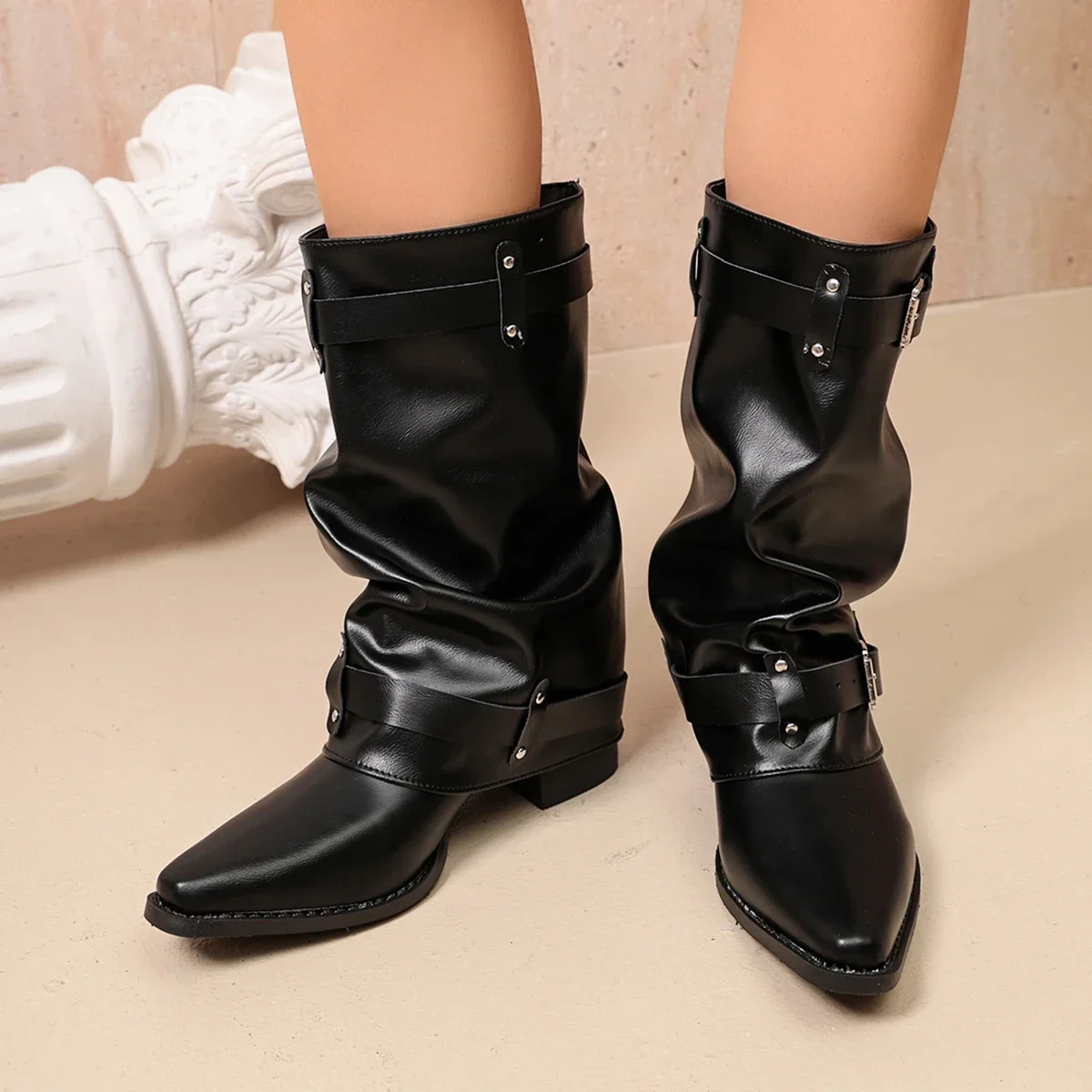 Women's Vintage Slouchy Ankle Boots Leather Buckle Belt Motorcycle Mid Calf Boot Casual Low Heel Slip On Round Toe Short Shoes