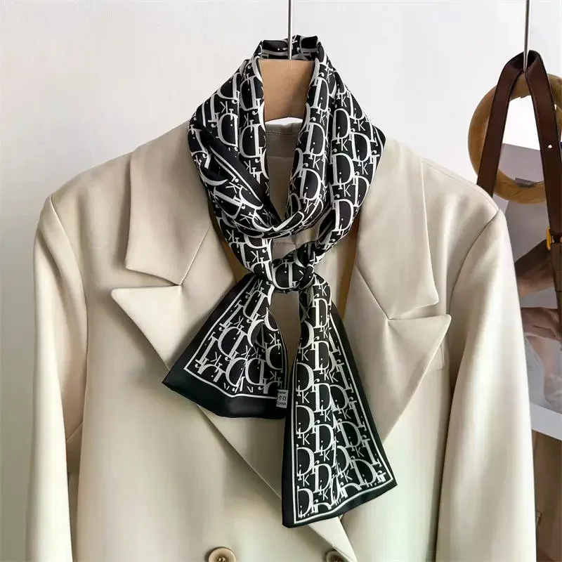 

Women Silk Feel Printed Design Scarf Shawl Fashion Luxury Long Narrow Small Silk Scarves Ladies Headband Headscarve
