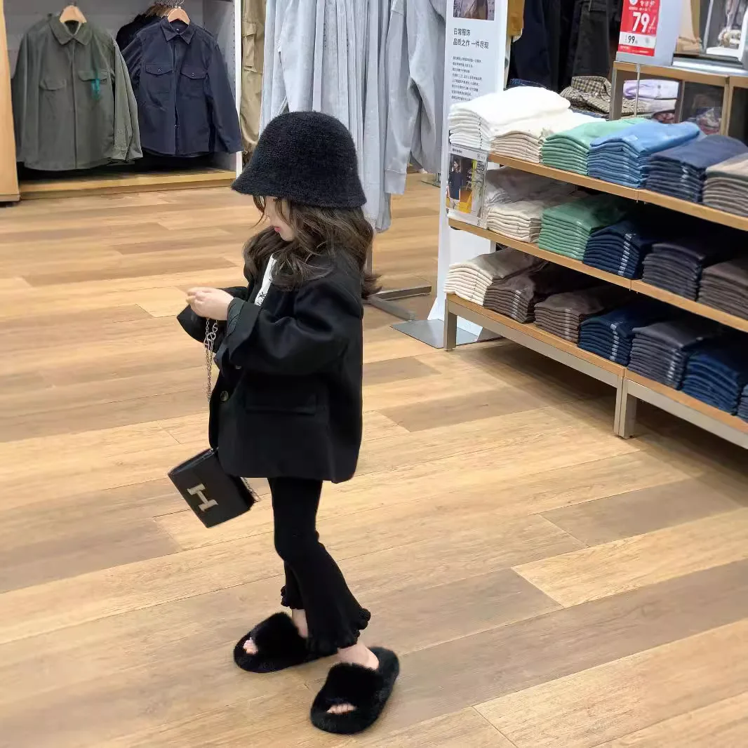 

Girls Suits Children 2024 New Autumn Collection Fashion Black Coat and Trousers Two-piece Set Clothes Korean Simple Style