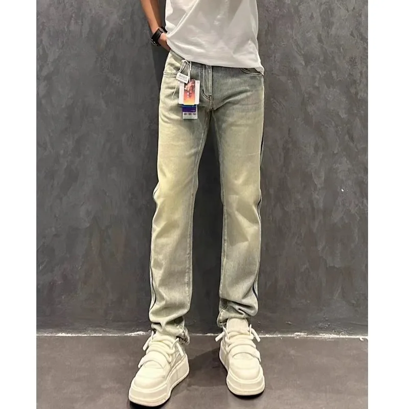 

Мужские джинсы Slim Fit, модные лоскутные цвета, светло-голубые, простые, повседневные, свободные леггинсы со средней заниженной талией, длинные брюки, молодежная мода