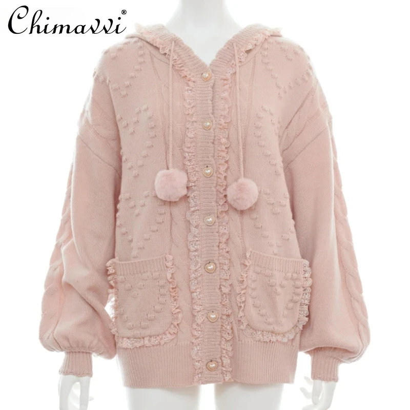 Winter New Sweet Girl Solid Color Knitted Cardigan Japanese Hooded Plush Pom-pom Sweater Jacket Mid-length Kawaii Lolita Tops