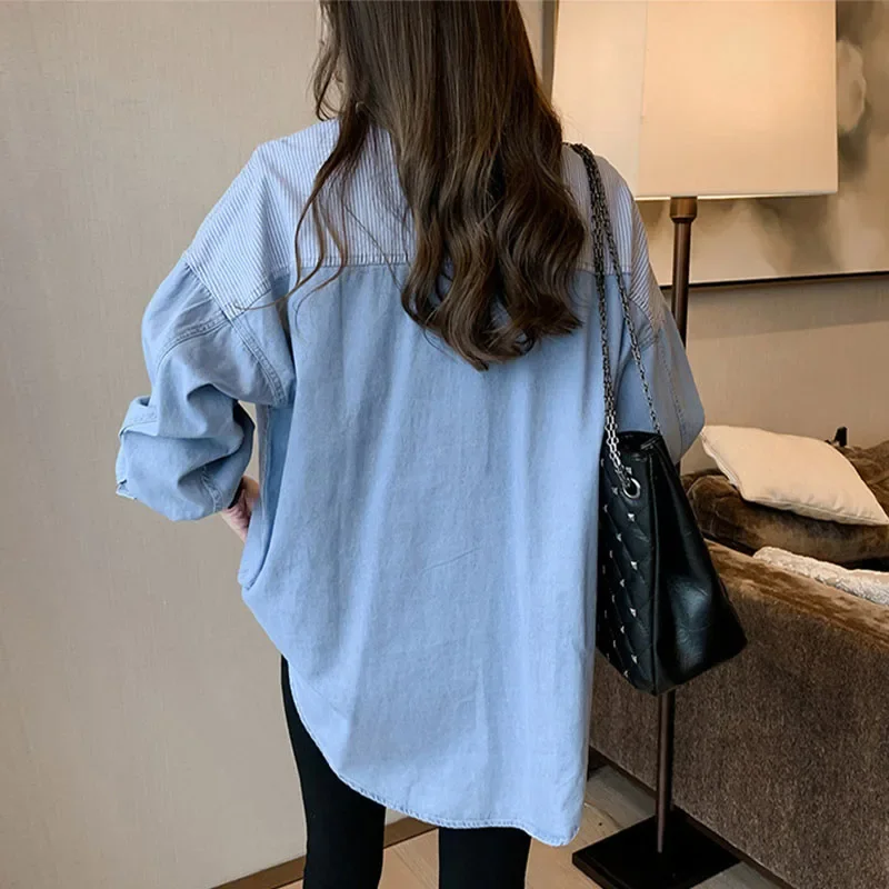 قمصان جينز مرقعة للنساء ، طراز كوري ، كم طويل ، قمم بصف واحد ، بلوزة جينز عتيقة ، موضة نسائية ، الربيع والخريف ،