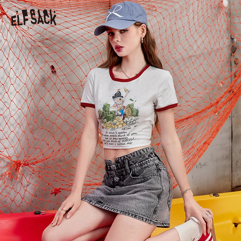 ELFSACK 2024 Summer New Arrivals White slim fit short sleeved t-shirt for women\'s BM casual versatile design top