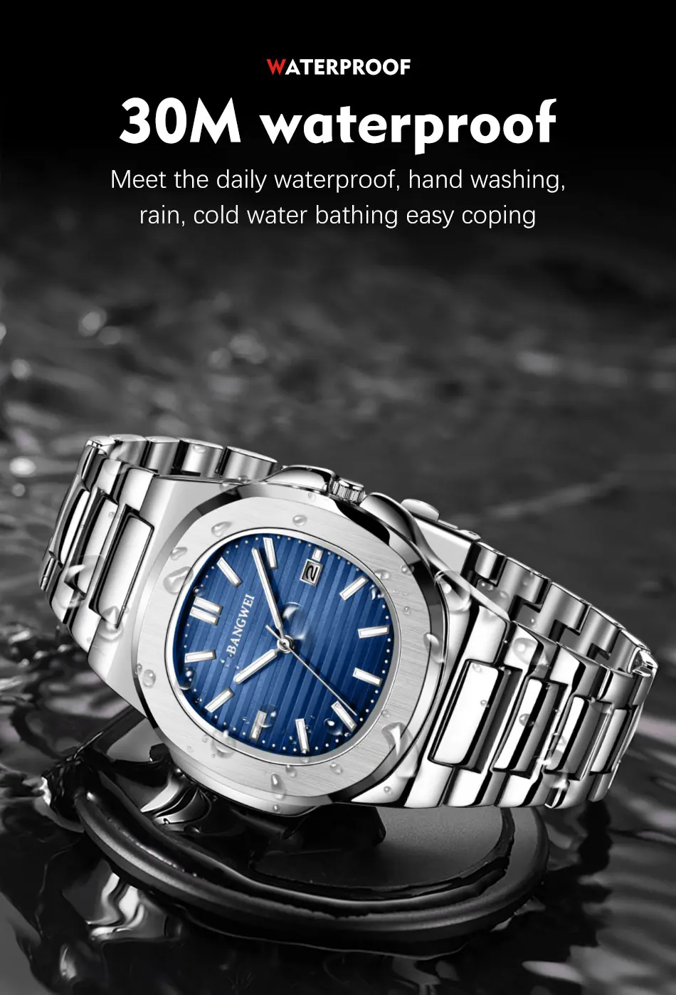 BANGWEI Modische Quadratische Quarz-Herrenuhr Wasserdicht Leuchtend mit Datumsanzeige Edelstahl-Uhren für Männer Luxuriöse Business-Herrenarmbanduhr – Detail 7
