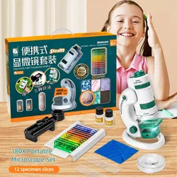 60-180X HD Children's Microscopio with LED Light Portable Biological Microscope Kit Science Educational Toy Gift for Kids Child