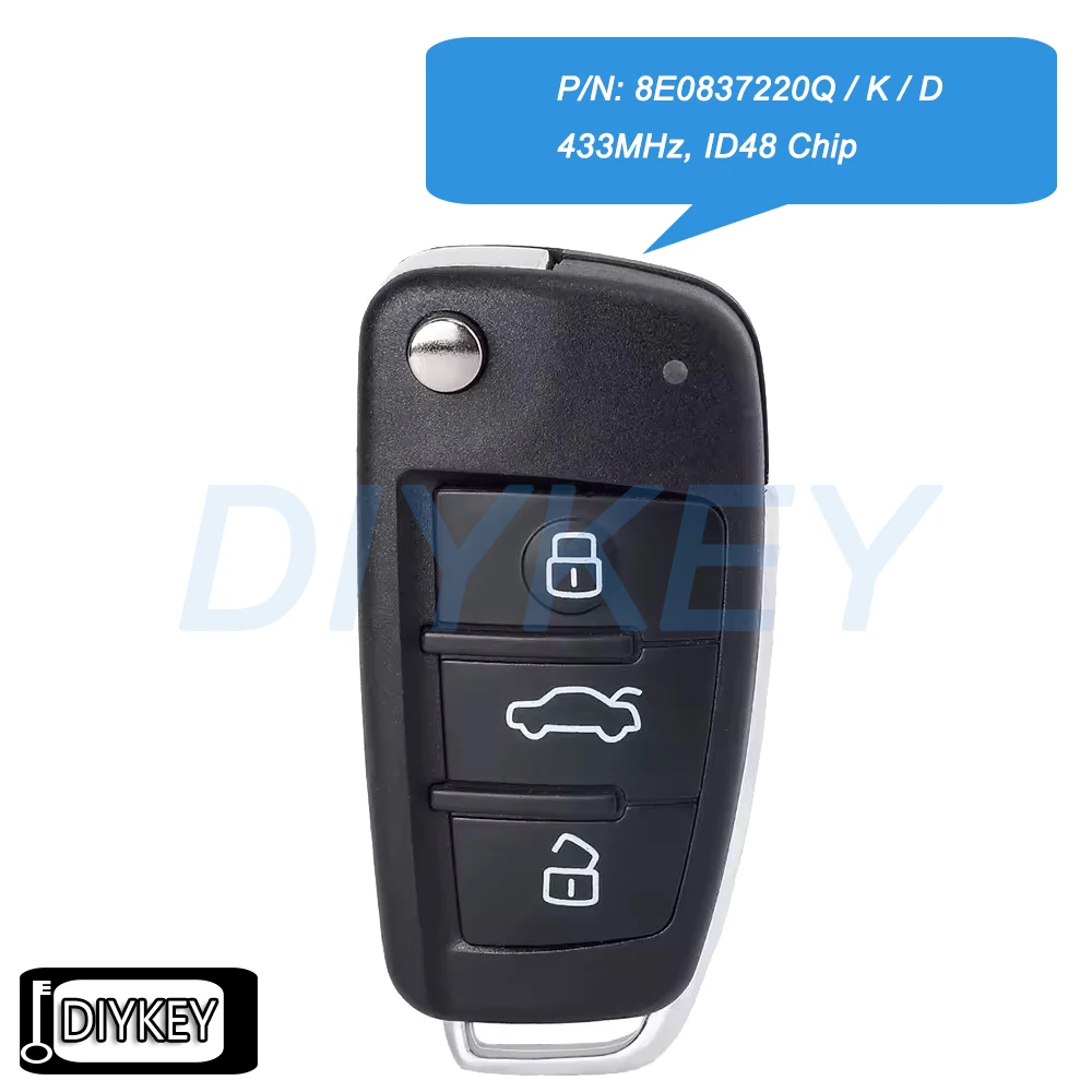 Flip Remote Car Key Fob 433MHz ID48 Chip for Audi A4 S4 B7 Cabriolet Quattro Avant 2005 2008 8E0837220Q, 8E0837220K, 8E0837220D