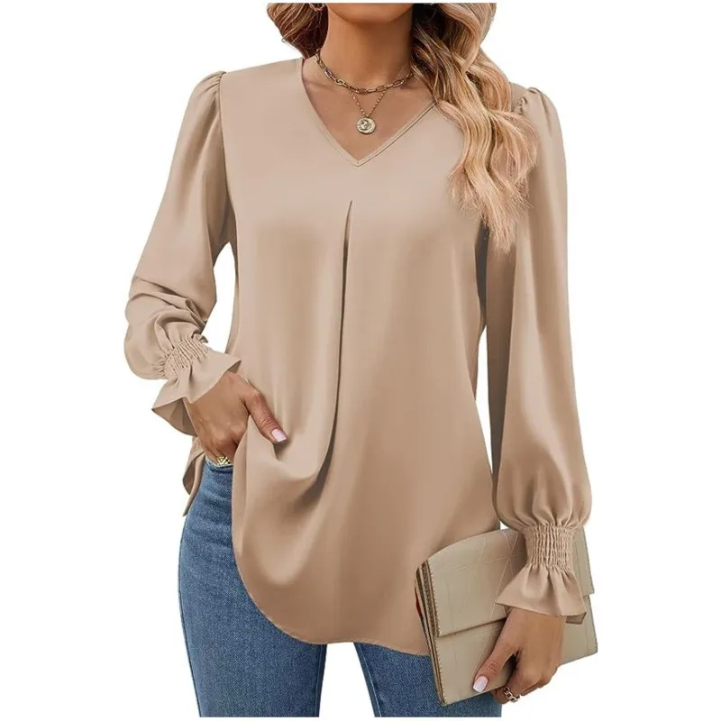 Women\'s New Solid Color Chiffon Shirt V-neck Pullover Flared Long Sleeved Shirt Pleated Orange Comfortable Casual Versatile Top