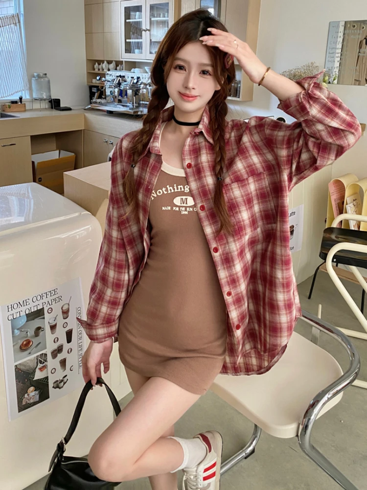 Plaid Shirts Women Slouchy Korean Style Office Lady Long Sleeve Spring Autumn High Street Casual All-match Clothing College Chic