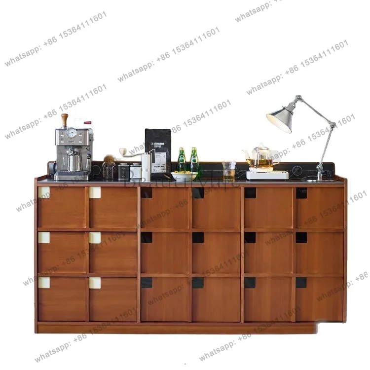 

Medieval style dining side cabinet, living room integrated household rock slab storage, solid wood coffee side cabinet