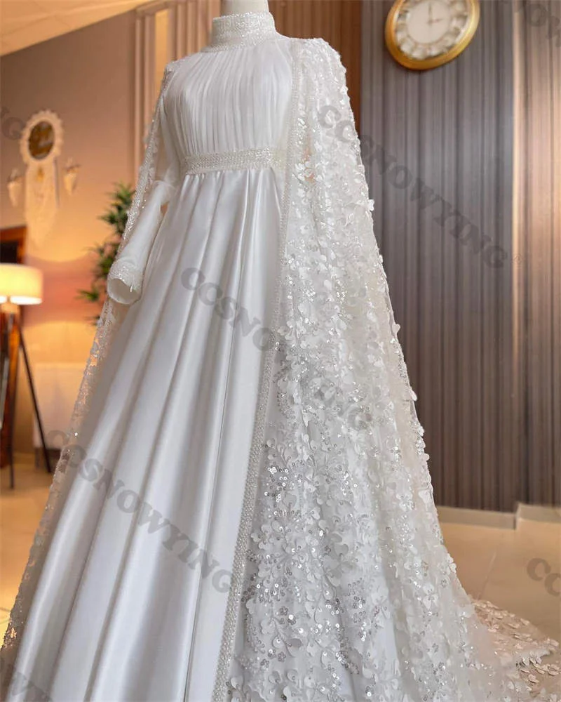 Apliques de cetim frisado vestido de casamento muçulmano para noiva islâmica manga longa com capa vestidos de noiva árabe dubai robe de mariée